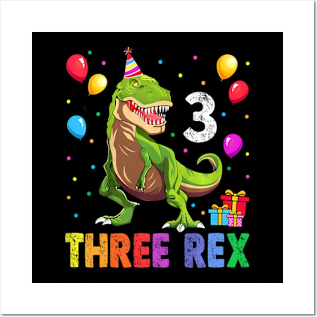 Kids Three Rex 3rd Birthday Third Dinosaur 3 Year Old Wall Art by Cristian Torres